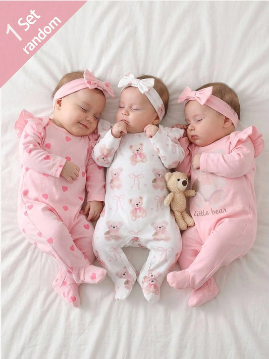 Newborn Bear Bow Pattern Long Sleeve Long Footed Jumpsuit And Headband Loungewear