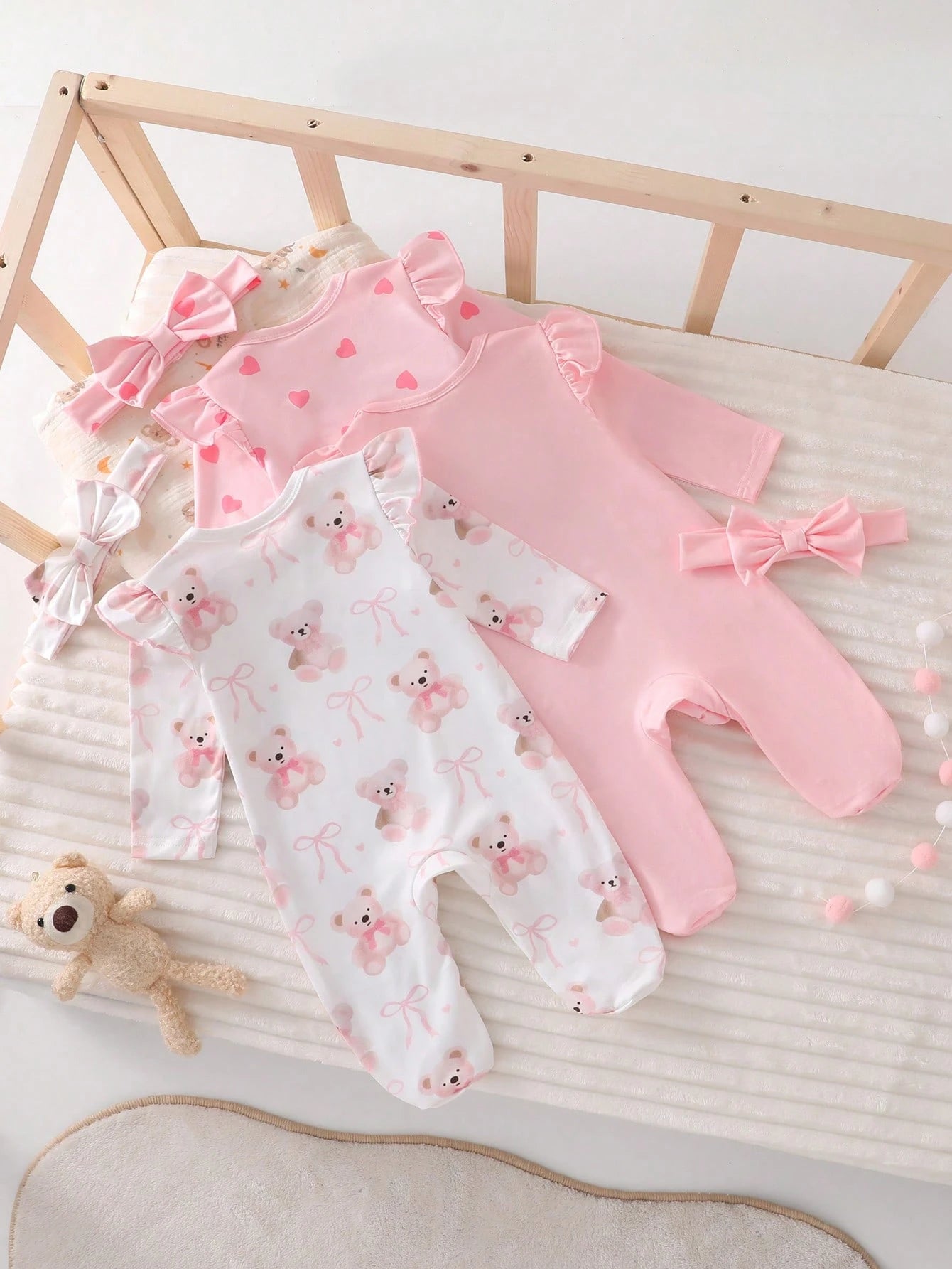 Newborn Bear Bow Pattern Long Sleeve Long Footed Jumpsuit And Headband Loungewear