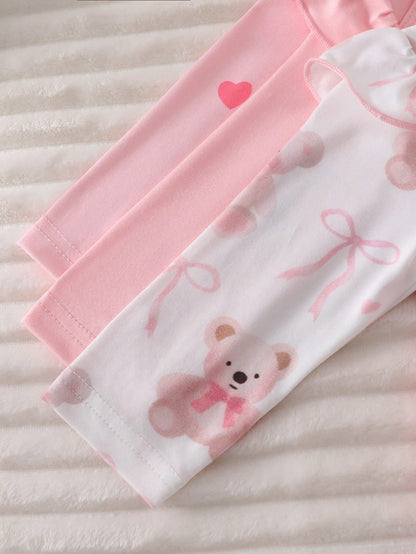 Newborn Bear Bow Pattern Long Sleeve Long Footed Jumpsuit And Headband Loungewear