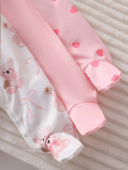 Newborn Bear Bow Pattern Long Sleeve Long Footed Jumpsuit And Headband Loungewear