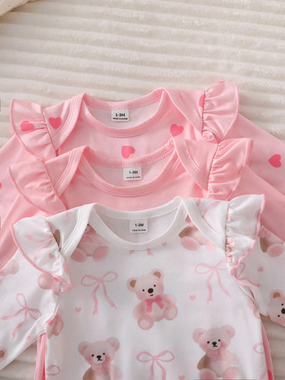 Newborn Bear Bow Pattern Long Sleeve Long Footed Jumpsuit And Headband Loungewear