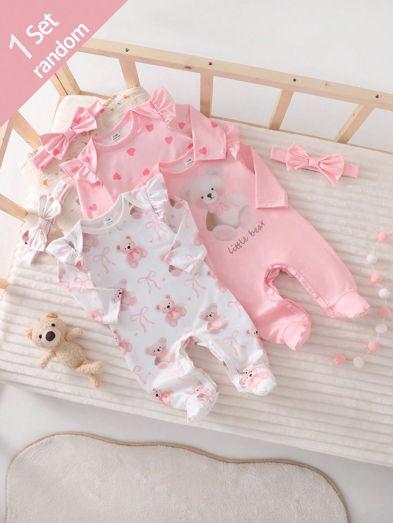 Newborn Bear Bow Pattern Long Sleeve Long Footed Jumpsuit And Headband Loungewear