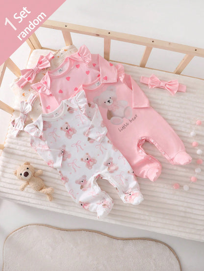 Newborn Bear Bow Pattern Long Sleeve Long Footed Jumpsuit And Headband Loungewear