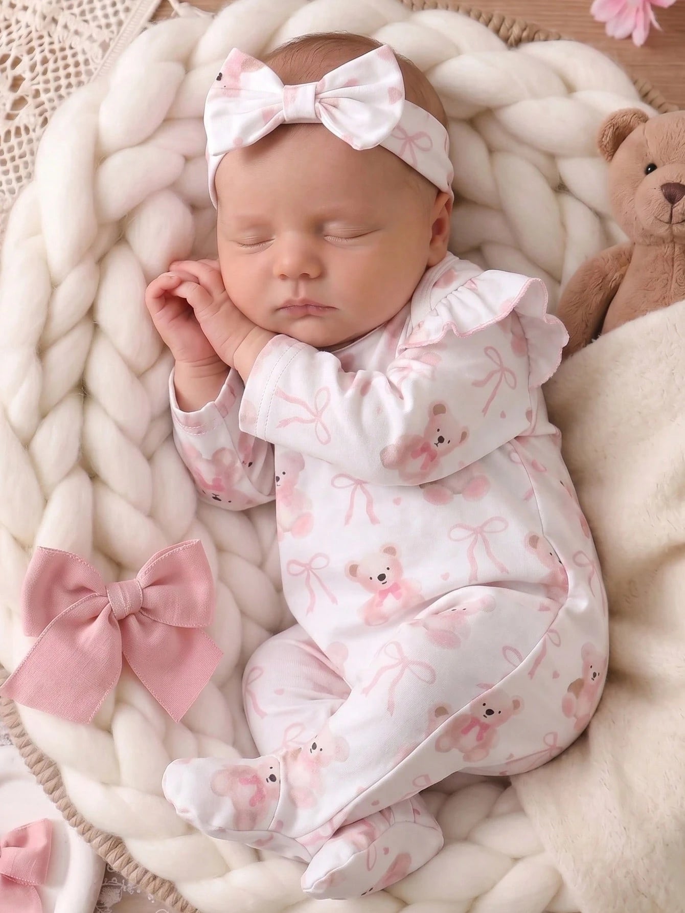 Newborn Bear Bow Pattern Long Sleeve Long Footed Jumpsuit And Headband Loungewear