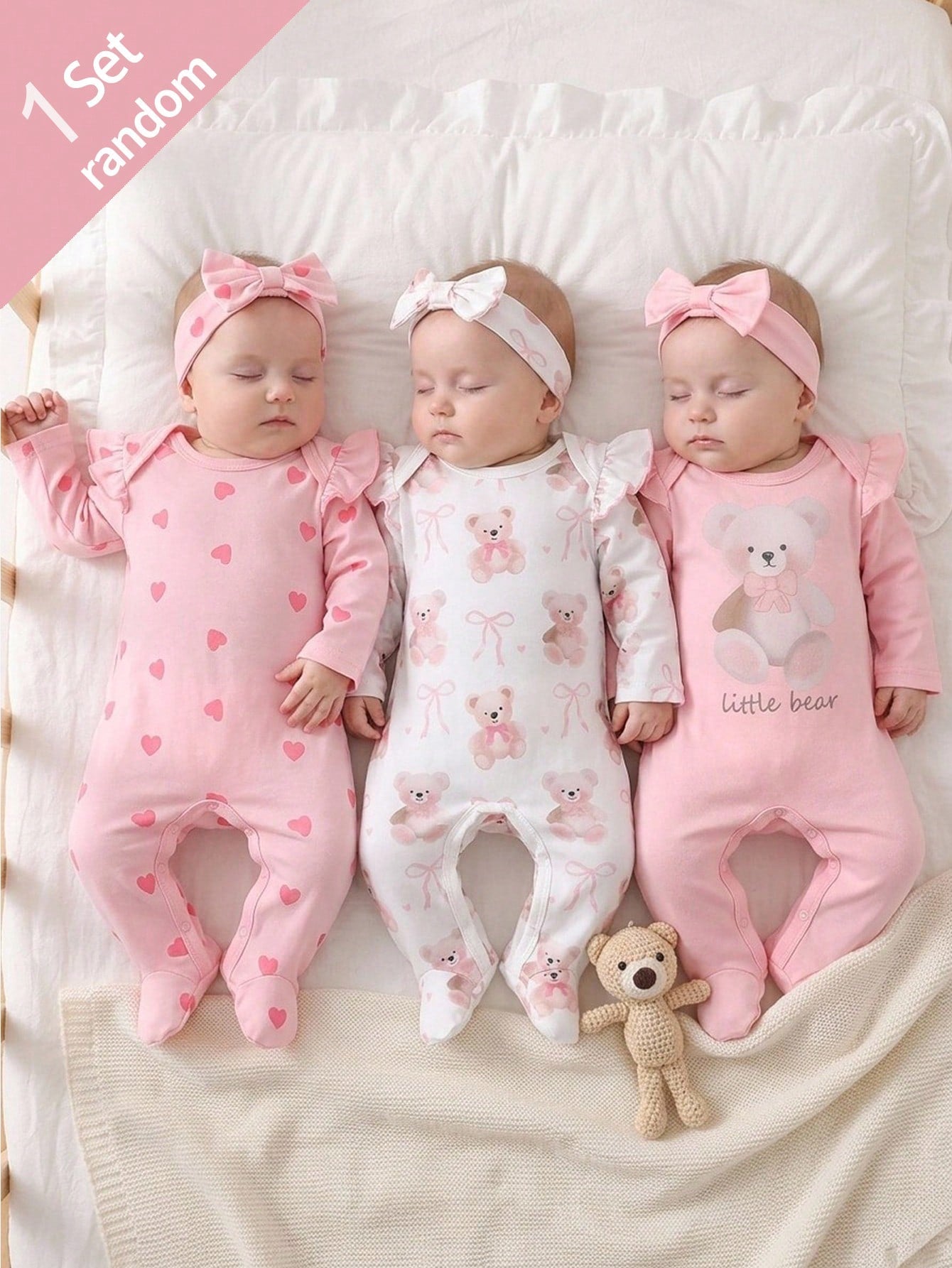 Newborn Bear Bow Pattern Long Sleeve Long Footed Jumpsuit And Headband Loungewear