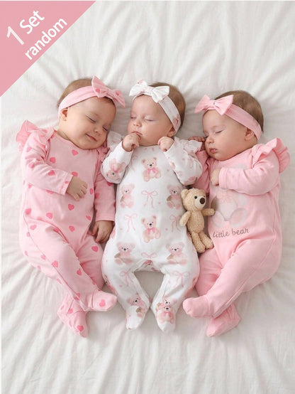 Newborn Bear Bow Pattern Long Sleeve Long Footed Jumpsuit And Headband Loungewear