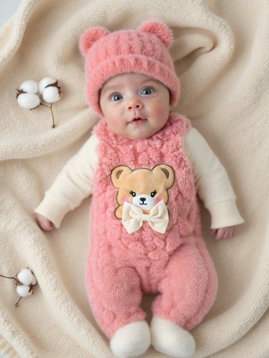 Newborn Bib Pants Set Light Pink Winter Kawaii Holiday Home Cute Bear Decor Delicate Bowknot Matching Headband Soft & Skin-Friendly Material Outfit
