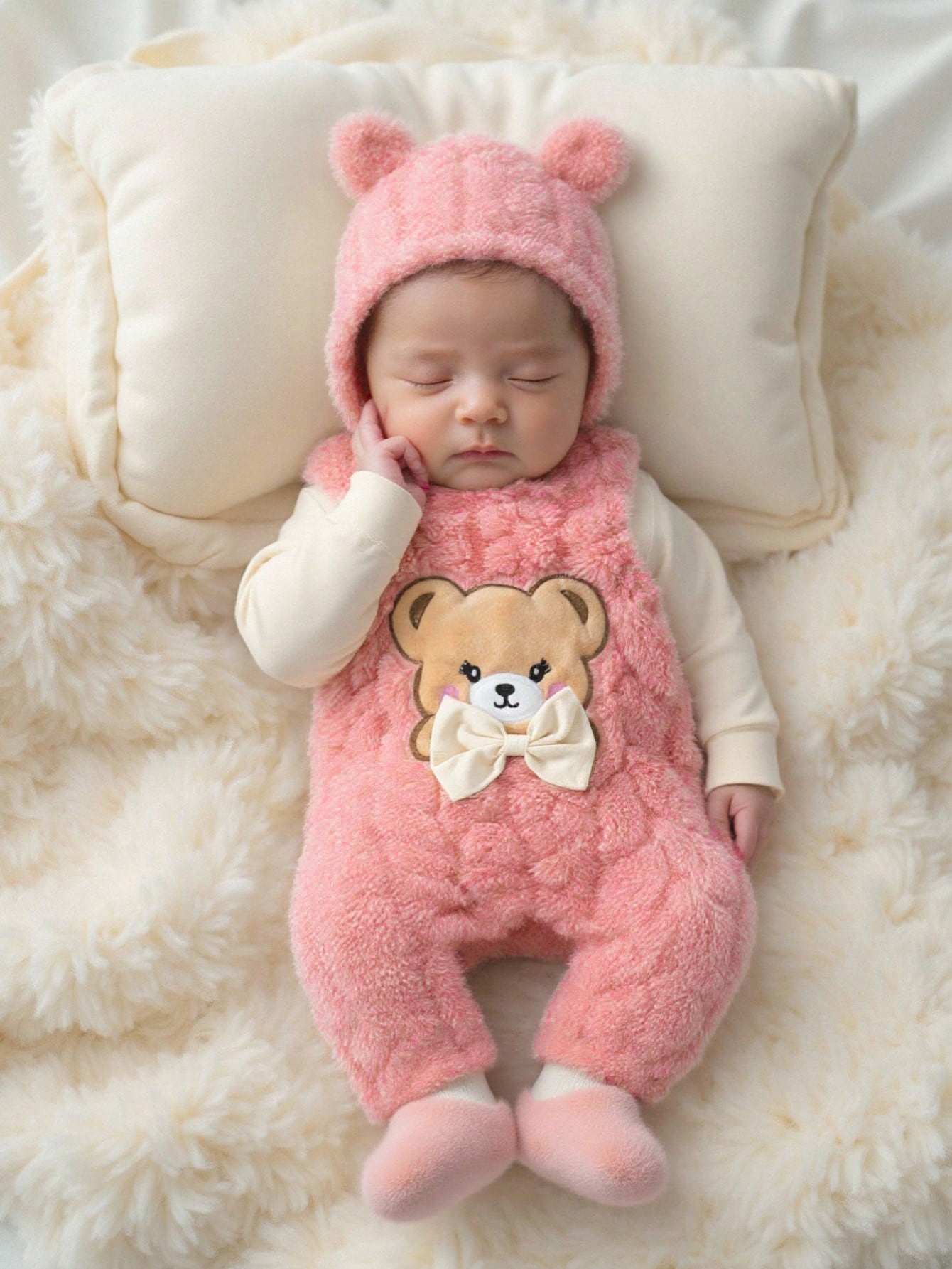 Newborn Bib Pants Set Light Pink Winter Kawaii Holiday Home Cute Bear Decor Delicate Bowknot Matching Headband Soft & Skin-Friendly Material Outfit