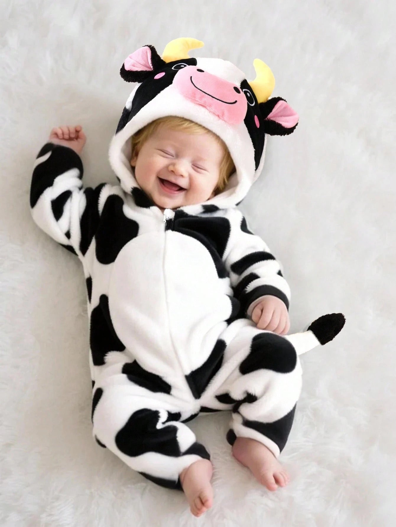 Newborn Cow Shaped Outfit, Cute 3D Embroidered Hat, Plush Long Sleeve Jumpsuit With Long Pants, Baby Clothing Set