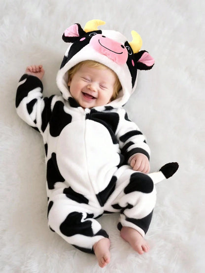 Newborn Cow Shaped Outfit, Cute 3D Embroidered Hat, Plush Long Sleeve Jumpsuit With Long Pants, Baby Clothing Set