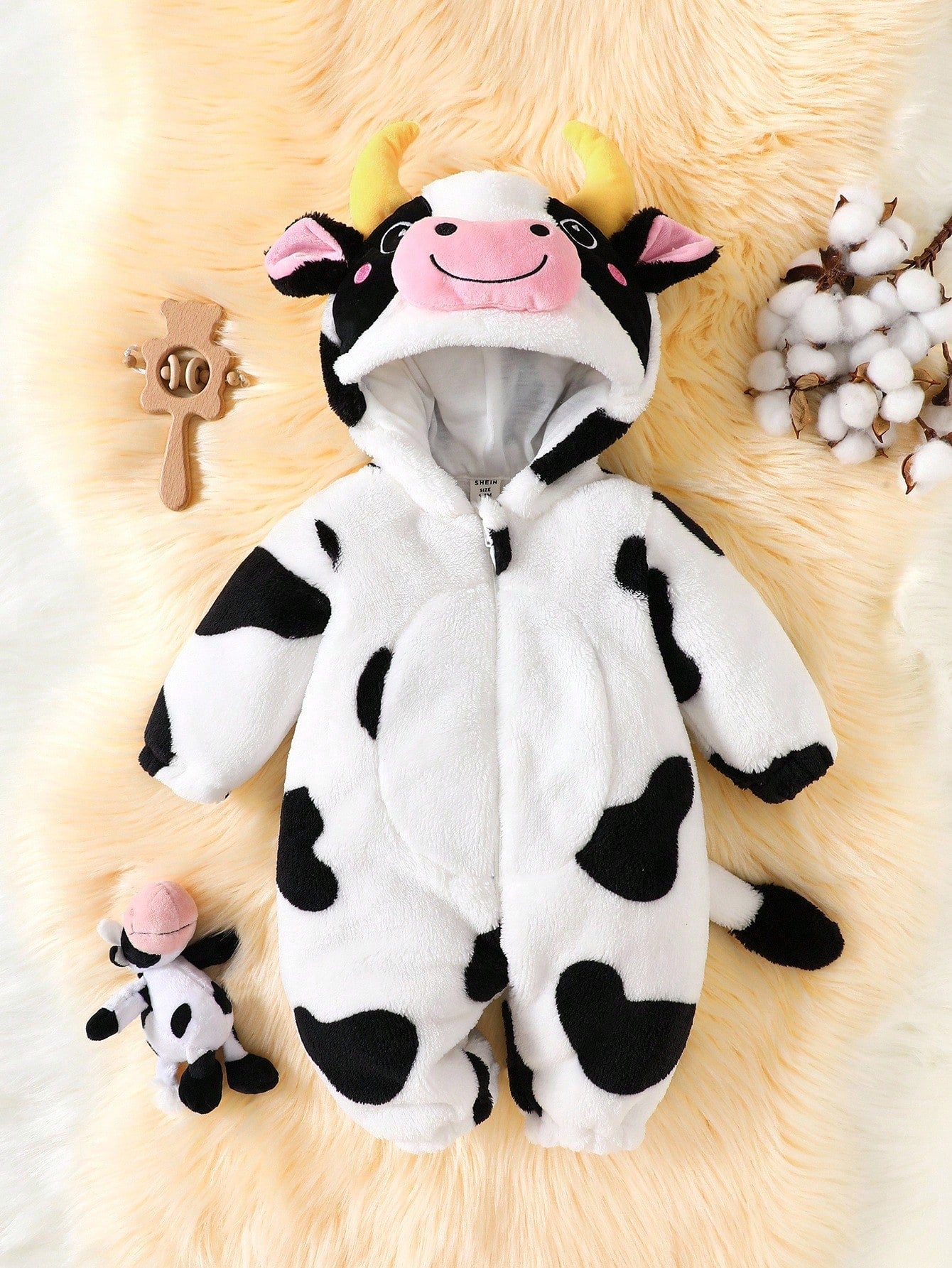 Newborn Cow Shaped Outfit, Cute 3D Embroidered Hat, Plush Long Sleeve Jumpsuit With Long Pants, Baby Clothing Set