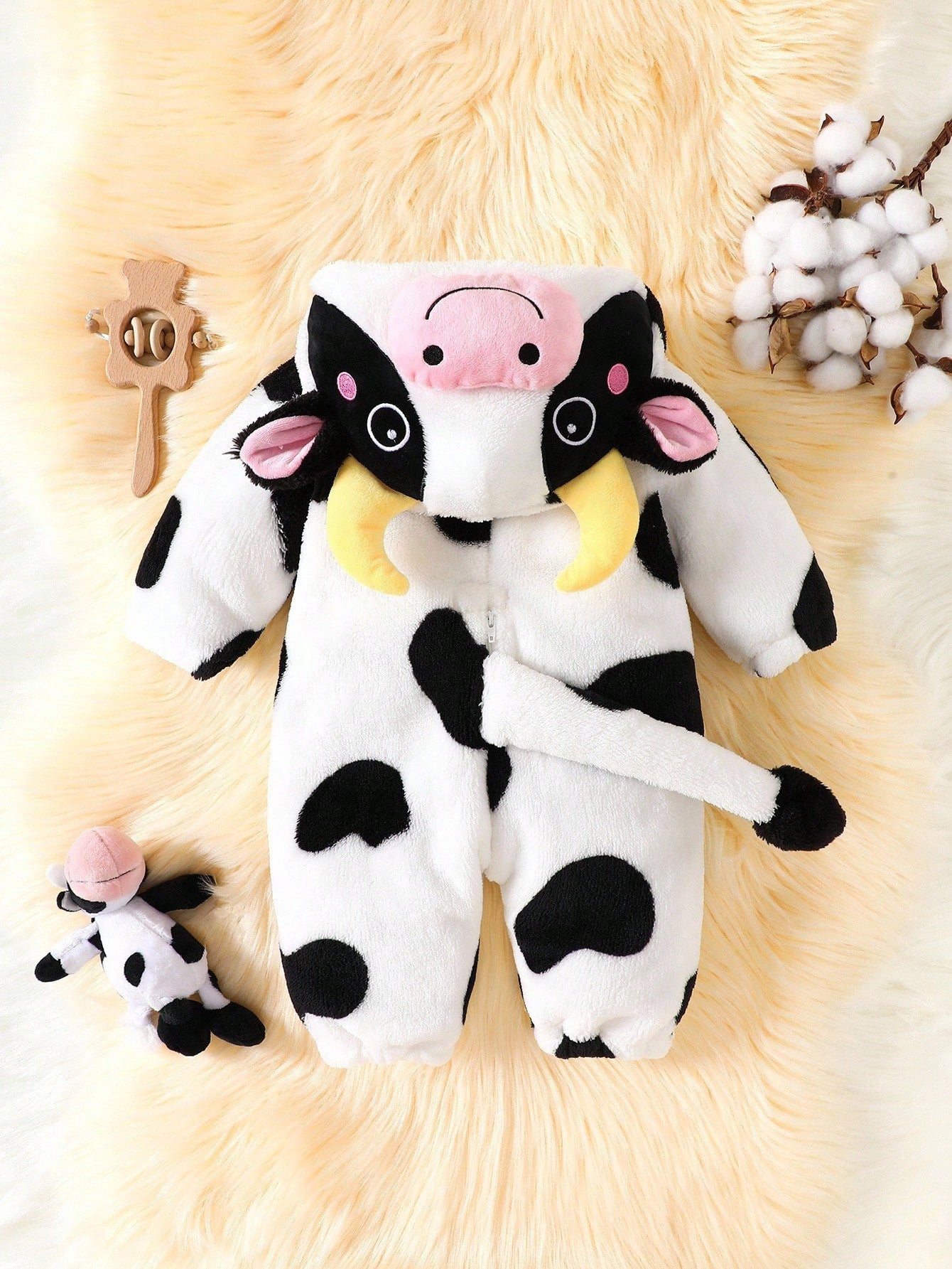 Newborn Cow Shaped Outfit, Cute 3D Embroidered Hat, Plush Long Sleeve Jumpsuit With Long Pants, Baby Clothing Set