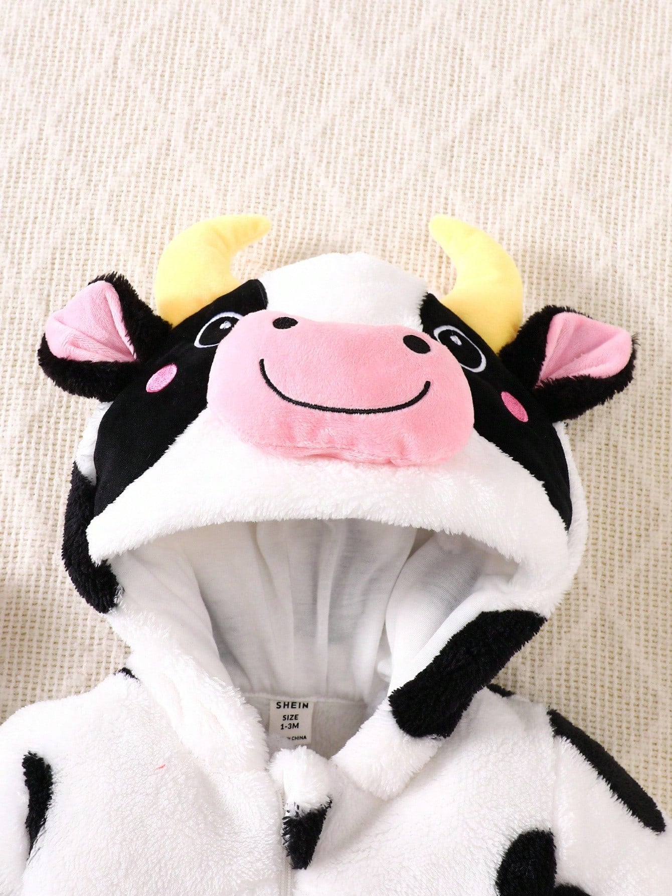 Newborn Cow Shaped Outfit, Cute 3D Embroidered Hat, Plush Long Sleeve Jumpsuit With Long Pants, Baby Clothing Set