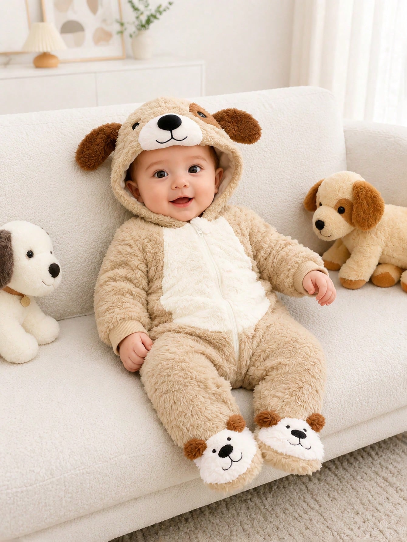 Newborn Cute Plush 3D Puppy Hooded Long Sleeve Jumpsuit With Feet