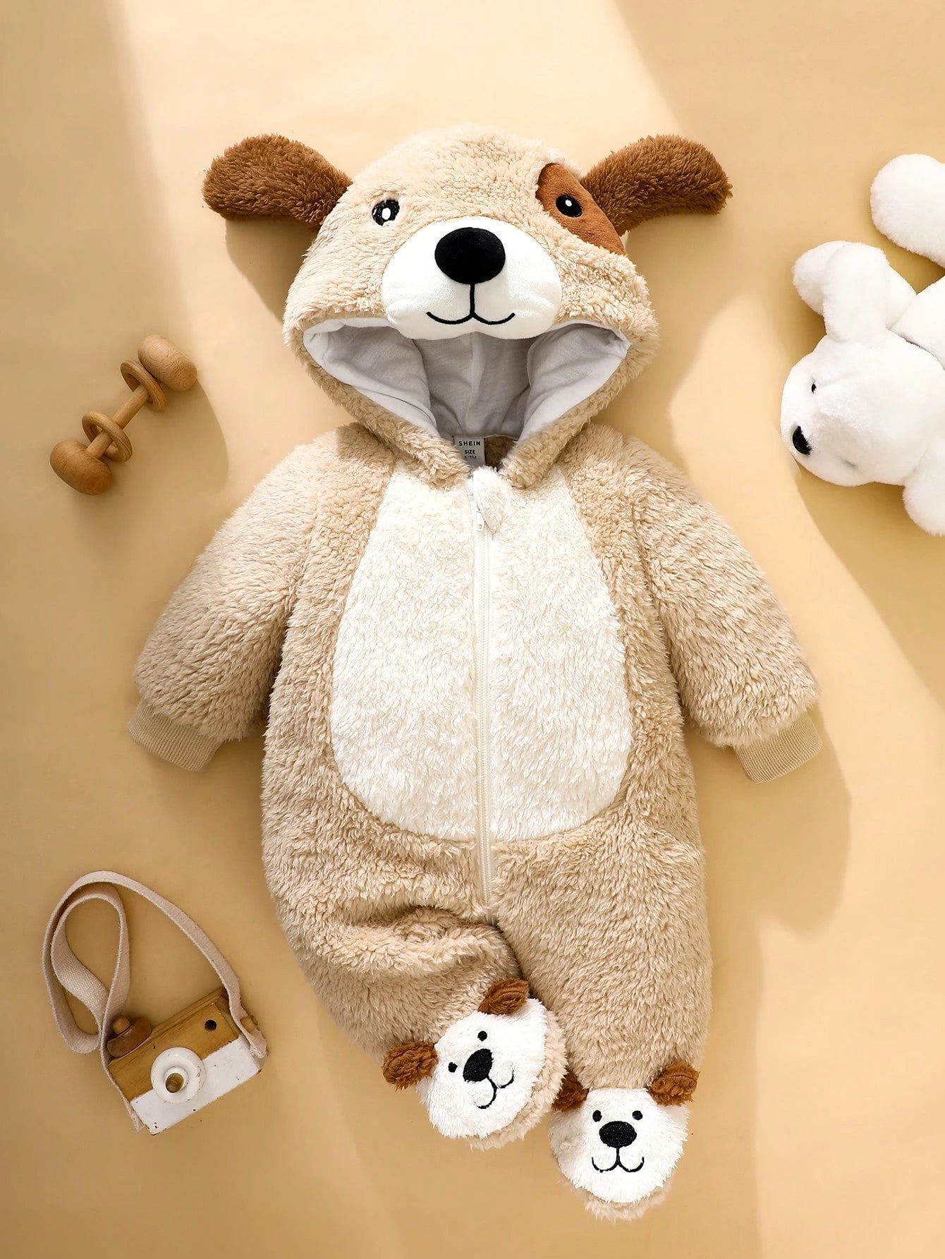 Newborn Cute Plush 3D Puppy Hooded Long Sleeve Jumpsuit With Feet