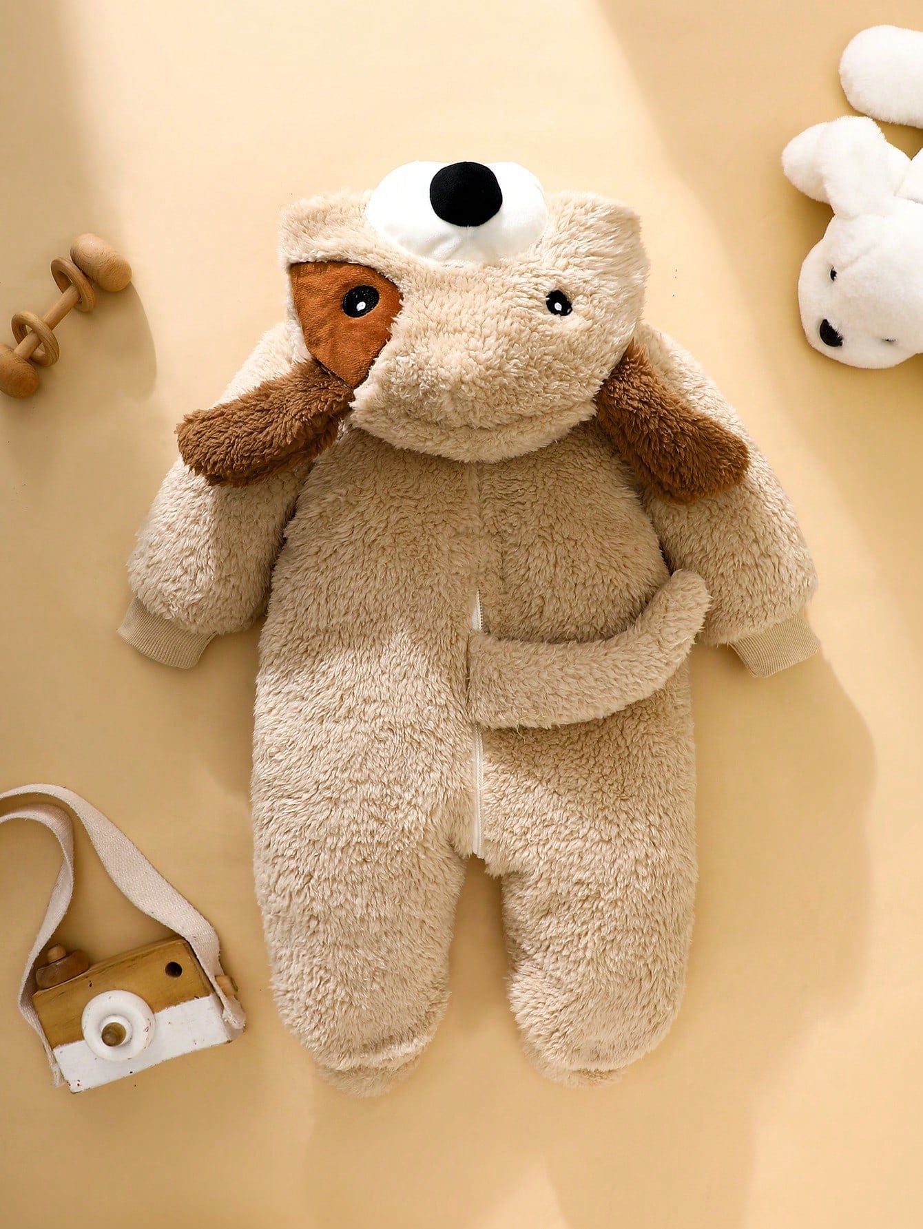 Newborn Cute Plush 3D Puppy Hooded Long Sleeve Jumpsuit With Feet