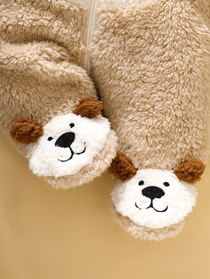 Newborn Cute Plush 3D Puppy Hooded Long Sleeve Jumpsuit With Feet