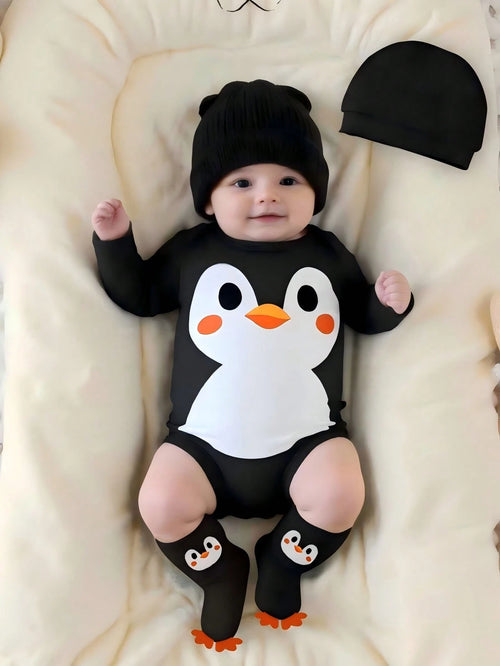 Newborn Male Baby Black Long Sleeved Cartoon Cute Little Penguin Print Jumpsuit Hat Sock Cover 3 Piecesoutfit Autumn Funny Graphic Matching Family