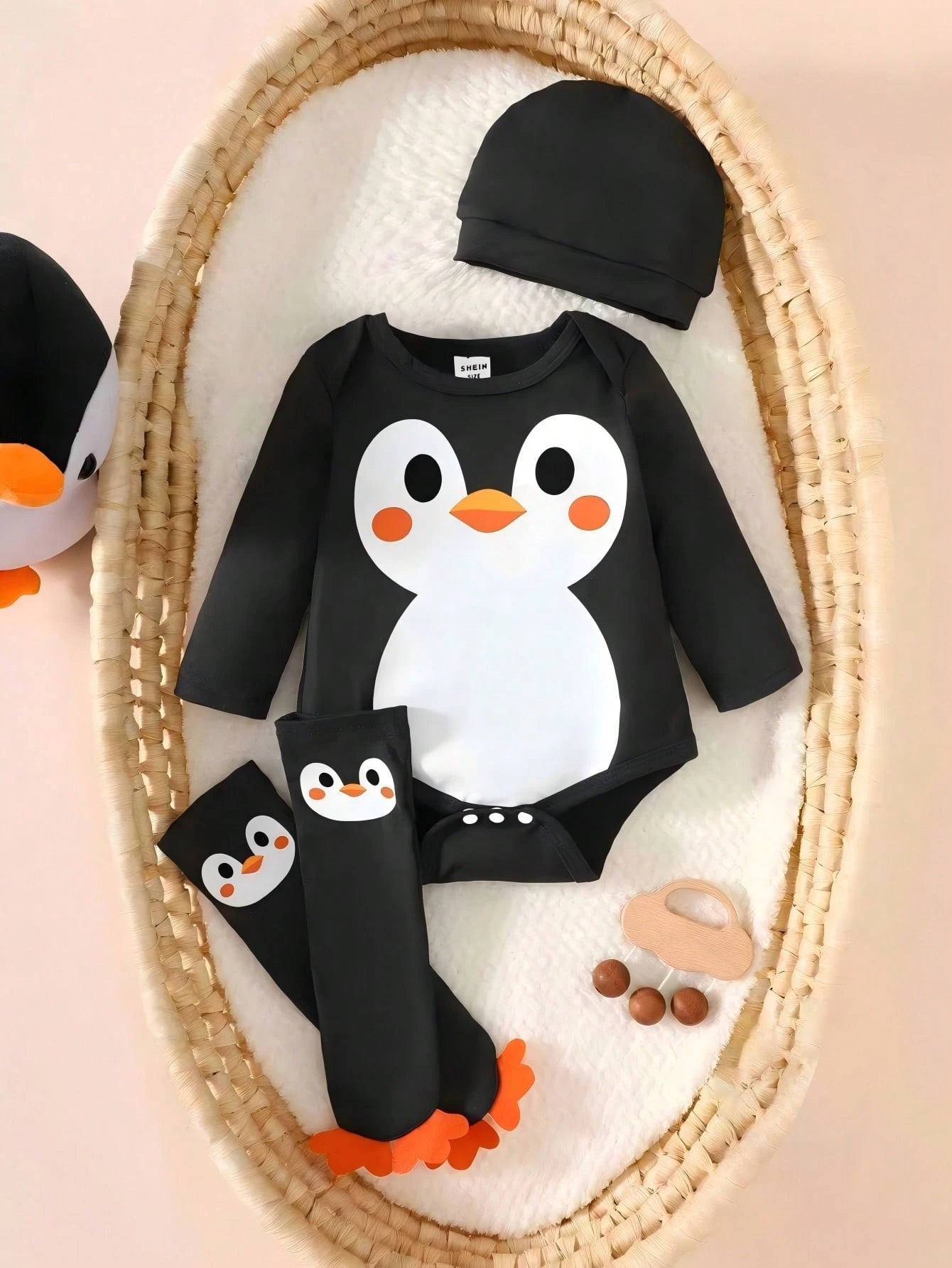 Newborn Male Baby Black Long Sleeved Cartoon Cute Little Penguin Print Jumpsuit Hat Sock Cover 3 Piecesoutfit Autumn Funny Graphic Matching Family
