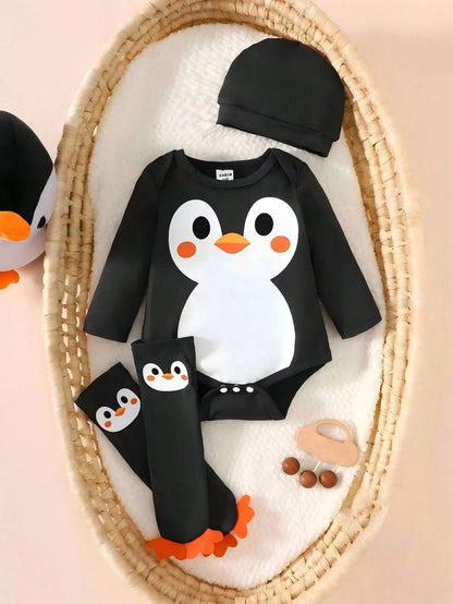 Newborn Male Baby Black Long Sleeved Cartoon Cute Little Penguin Print Jumpsuit Hat Sock Cover 3 Piecesoutfit Autumn Funny Graphic Matching Family