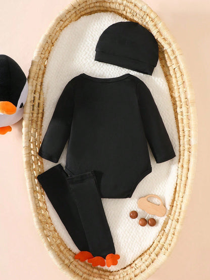 Newborn Male Baby Black Long Sleeved Cartoon Cute Little Penguin Print Jumpsuit Hat Sock Cover 3 Piecesoutfit Autumn Funny Graphic Matching Family