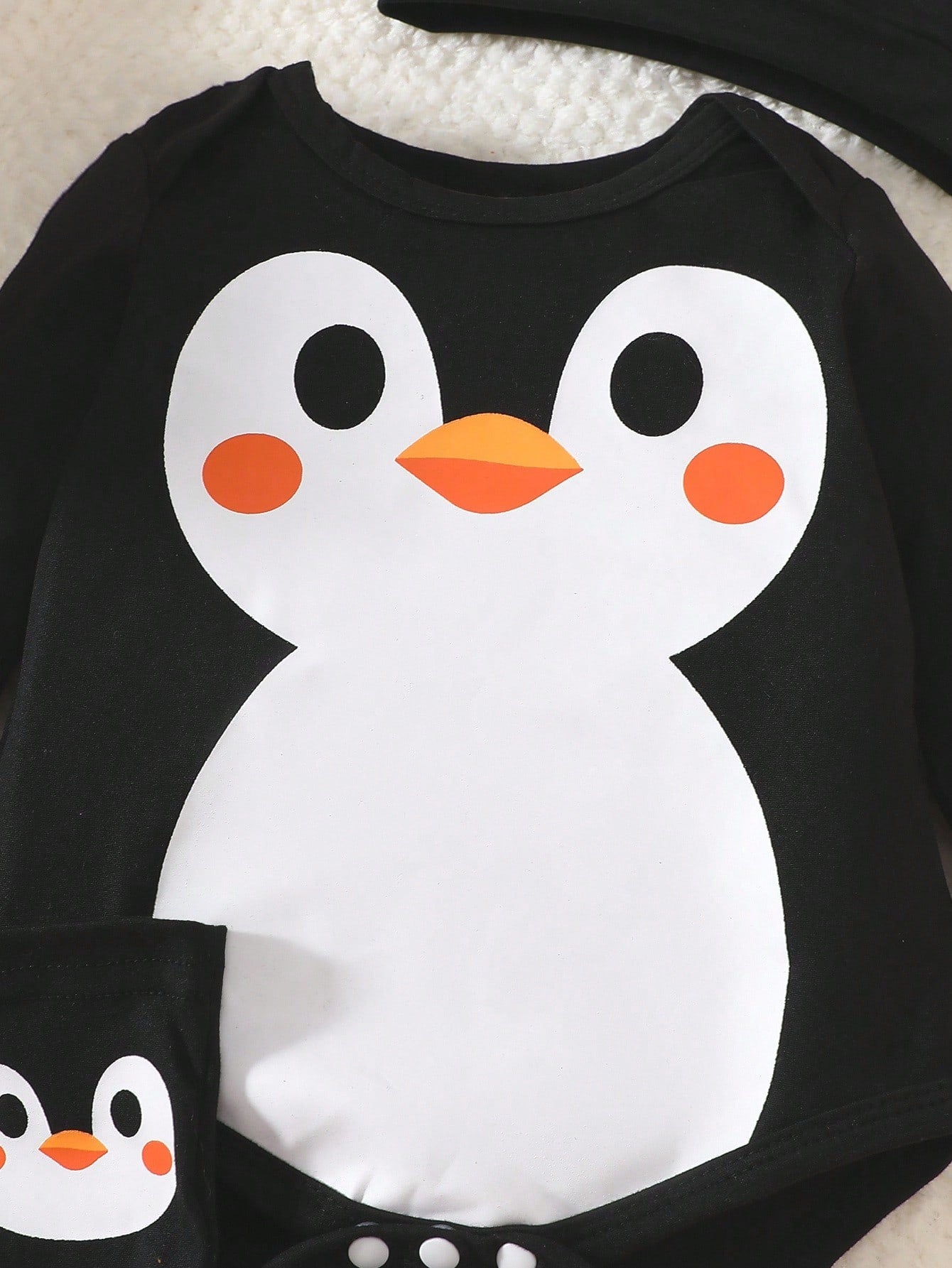 Newborn Male Baby Black Long Sleeved Cartoon Cute Little Penguin Print Jumpsuit Hat Sock Cover 3 Piecesoutfit Autumn Funny Graphic Matching Family