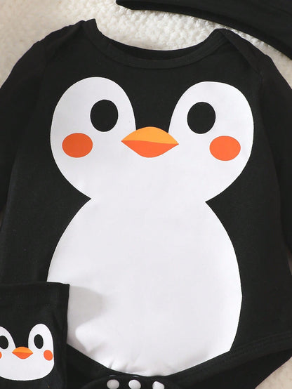Newborn Male Baby Black Long Sleeved Cartoon Cute Little Penguin Print Jumpsuit Hat Sock Cover 3 Piecesoutfit Autumn Funny Graphic Matching Family