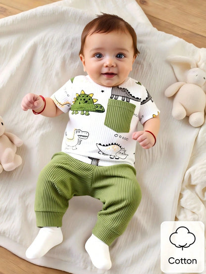 Newborn Male Baby White Autumn Cute Graphic Family Matching Cartoon Dinosaur Pit Stripe Short Sleeve Top With Pants Two Pieces Set Casual Sports