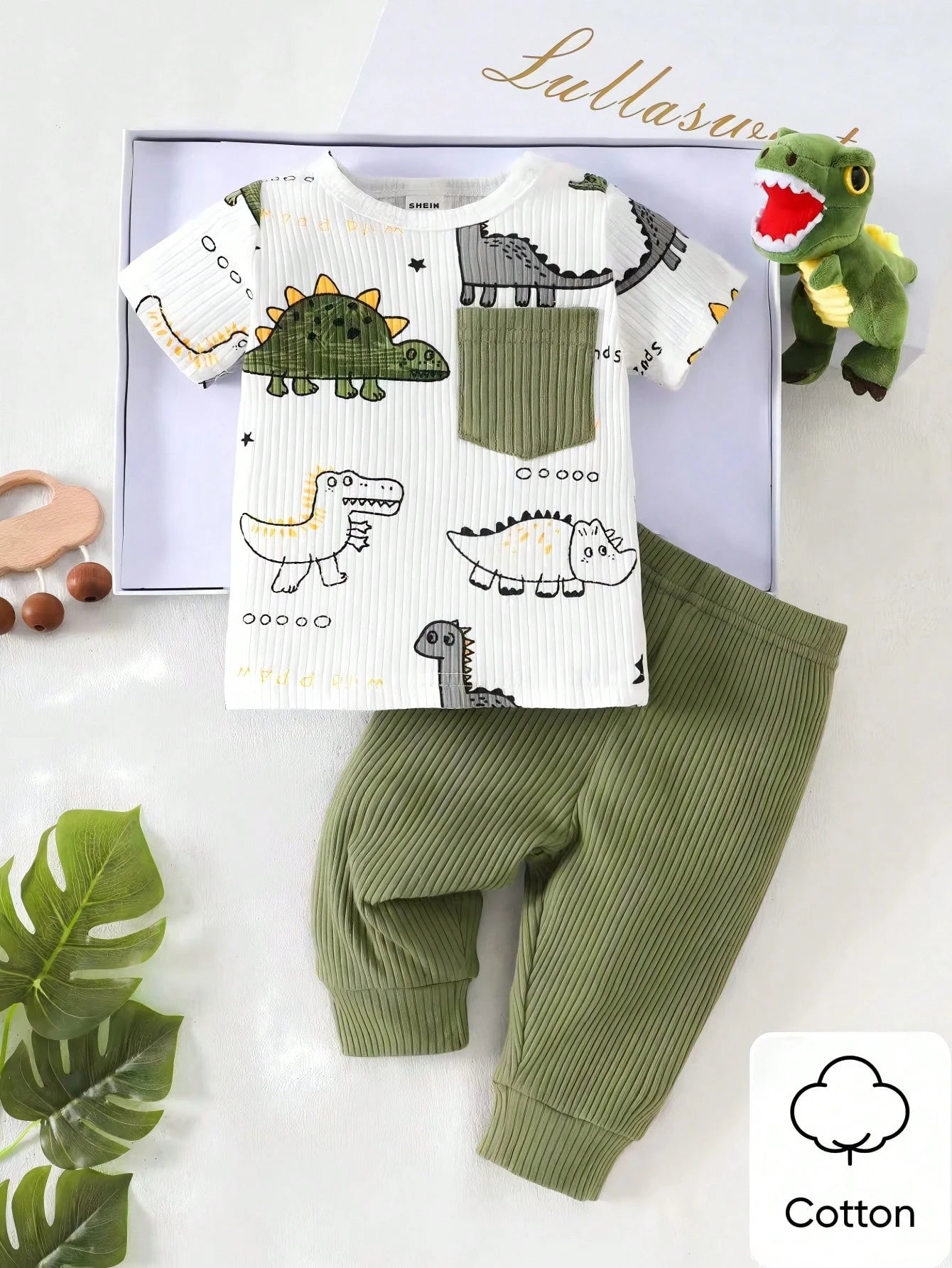 Newborn Male Baby White Autumn Cute Graphic Family Matching Cartoon Dinosaur Pit Stripe Short Sleeve Top With Pants Two Pieces Set Casual Sports
