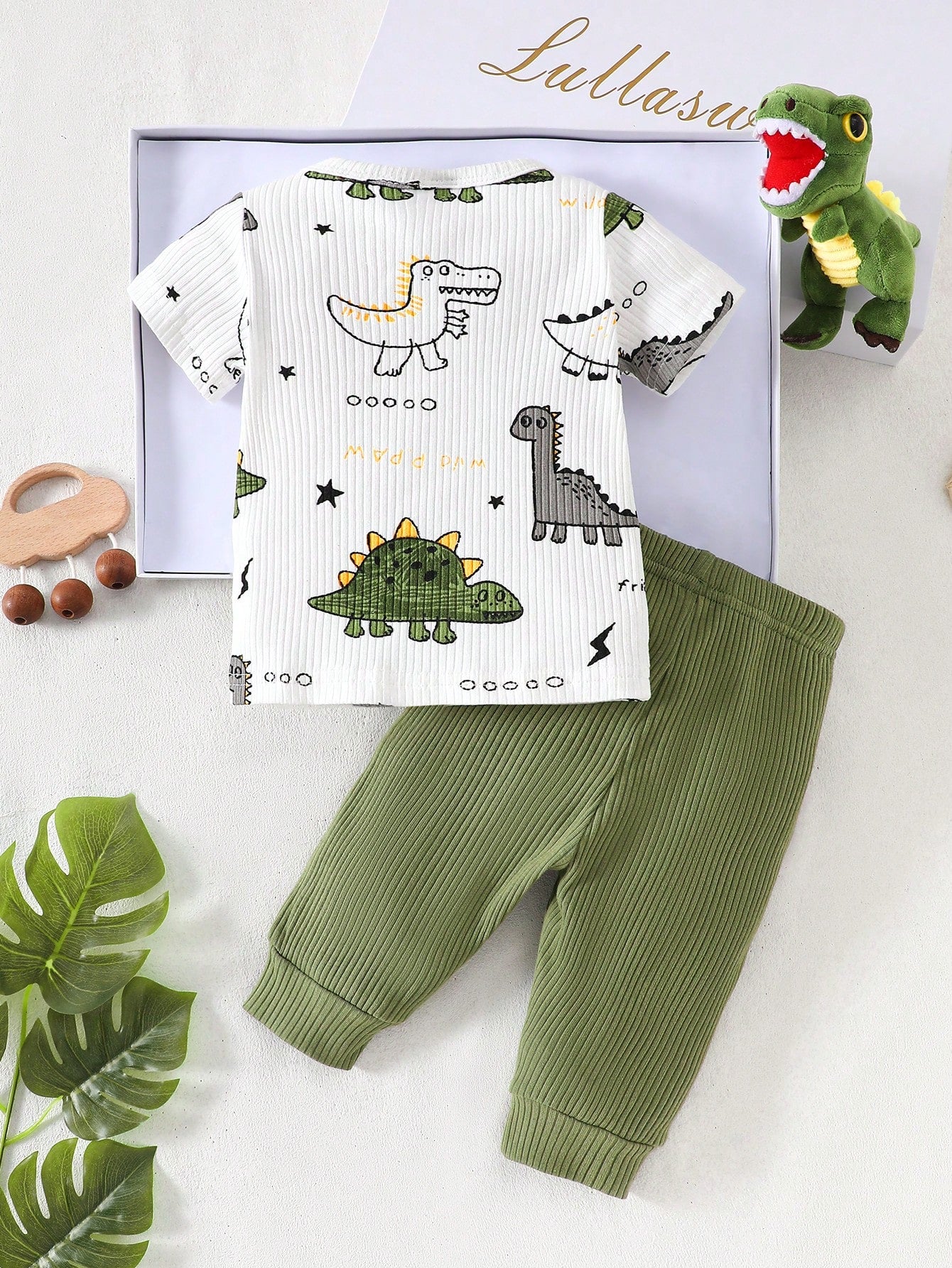 Newborn Male Baby White Autumn Cute Graphic Family Matching Cartoon Dinosaur Pit Stripe Short Sleeve Top With Pants Two Pieces Set Casual Sports