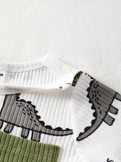 Newborn Male Baby White Autumn Cute Graphic Family Matching Cartoon Dinosaur Pit Stripe Short Sleeve Top With Pants Two Pieces Set Casual Sports