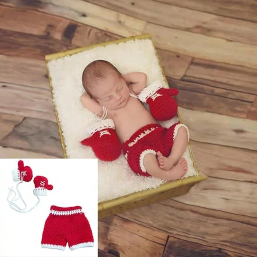 Newborn Photoshoot Outfits Props For Boys Girls Crochet Boxing Champion Gloves & Shorts Set For Baby Photography