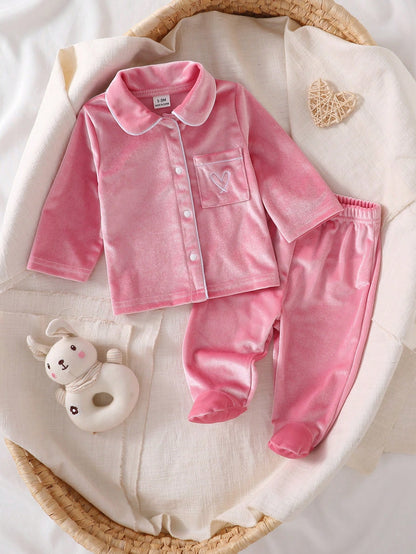 Newborn Pink Sweet Cute Bow Pattern Long Pants Long Sleeve Casual Comfortable 2-Piece Set Loungewear