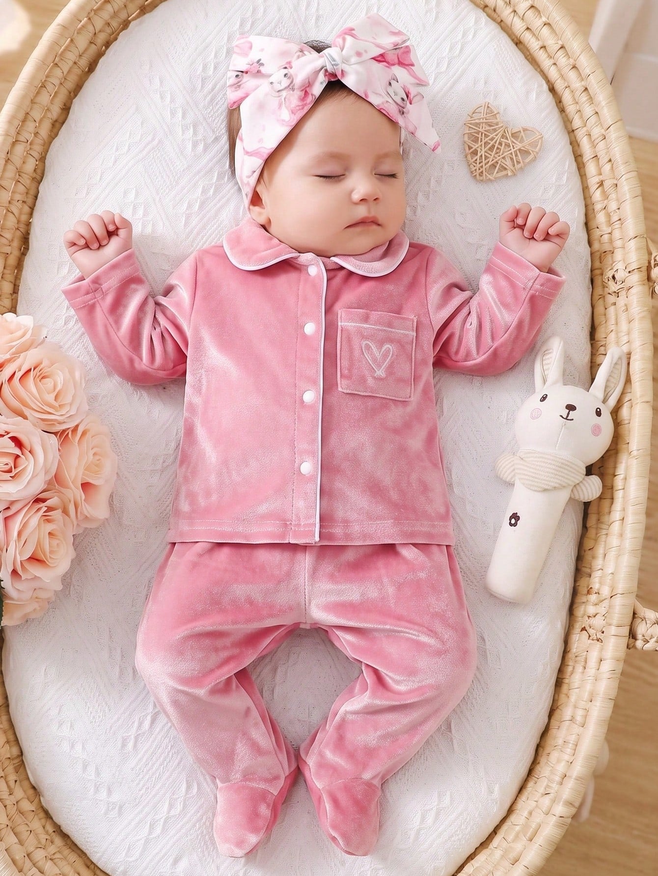 Newborn Pink Sweet Cute Bow Pattern Long Pants Long Sleeve Casual Comfortable 2-Piece Set Loungewear