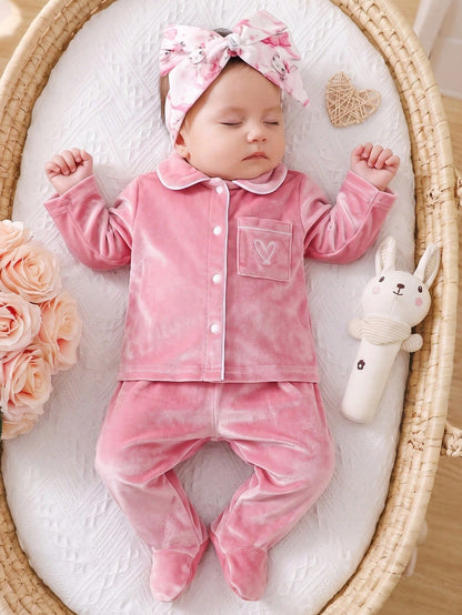 Newborn Pink Sweet Cute Bow Pattern Long Pants Long Sleeve Casual Comfortable 2-Piece Set Loungewear