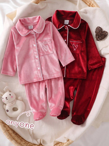 Newborn Pink Sweet Cute Bow Pattern Long Pants Long Sleeve Casual Comfortable 2-Piece Set Loungewear
