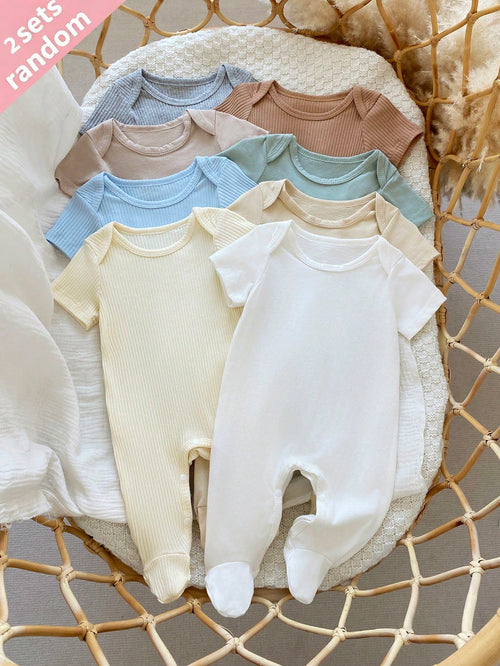 Newborn Spring/Summer Bodysuit Set, Pure Cotton Solid Color Design, Loved And Desired By Children, Made Of Comfortable Soft Skin-Friendly Fabric, Suitable For Children's Home Wear, 2 Pieces Rand