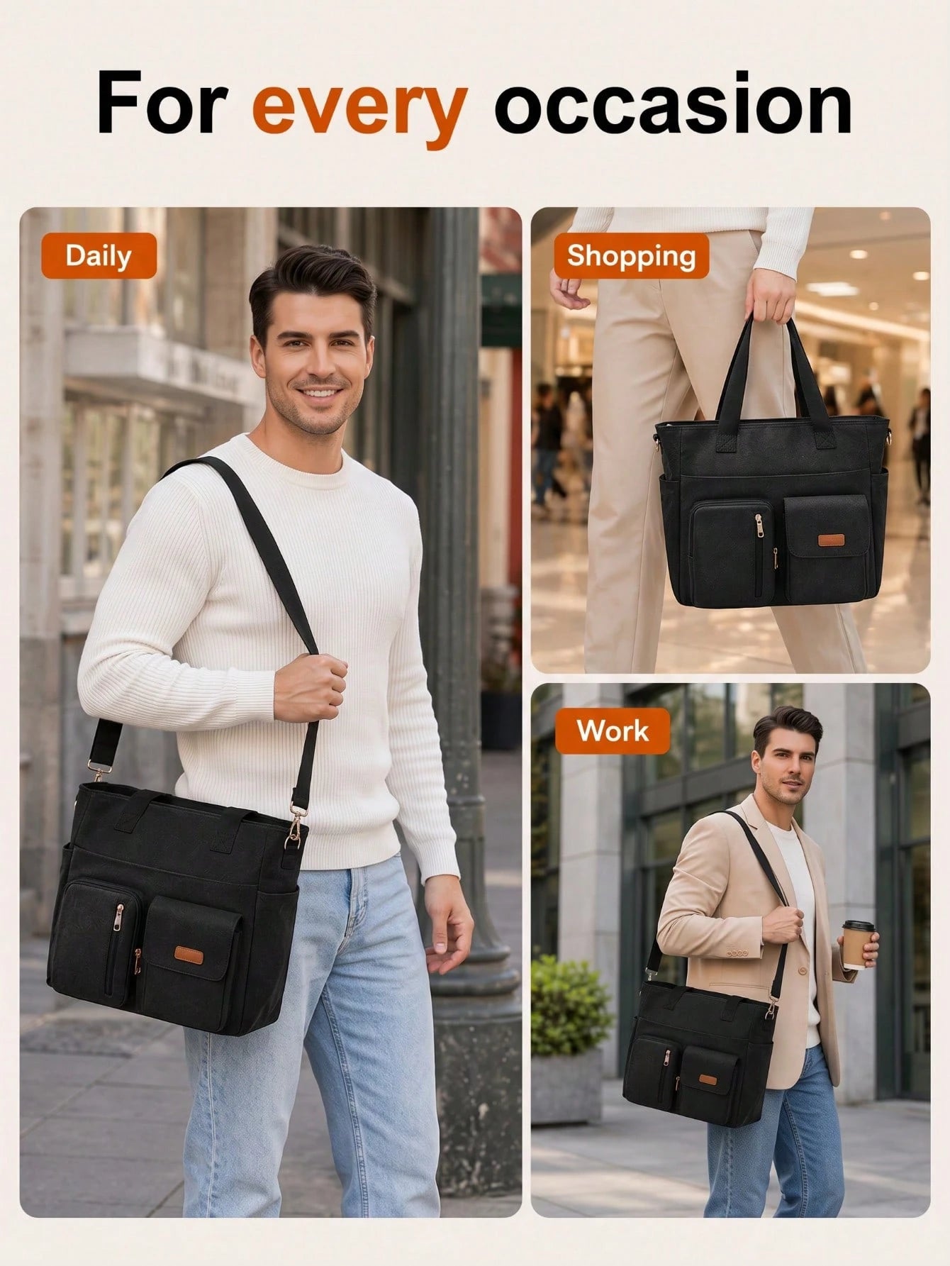 NEWHEY Men's Canvas Tote Bag, Large Capacity Multi-Compartment Design, Waterproof & Durable, Fits 12.9 Inch Tablet, Reinforced Hand Strap + Adjustable Shoulder Strap, Suitable For Office Commute, Scho
