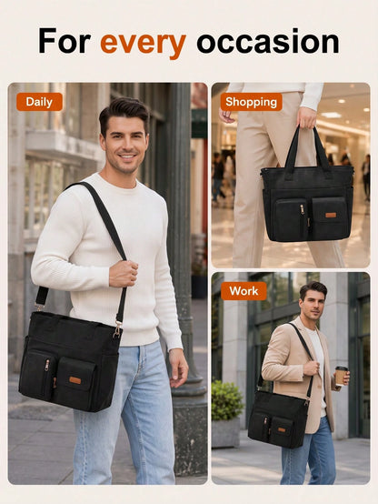 NEWHEY Men's Canvas Tote Bag, Large Capacity Multi-Compartment Design, Waterproof & Durable, Fits 12.9 Inch Tablet, Reinforced Hand Strap + Adjustable Shoulder Strap, Suitable For Office Commute, Scho