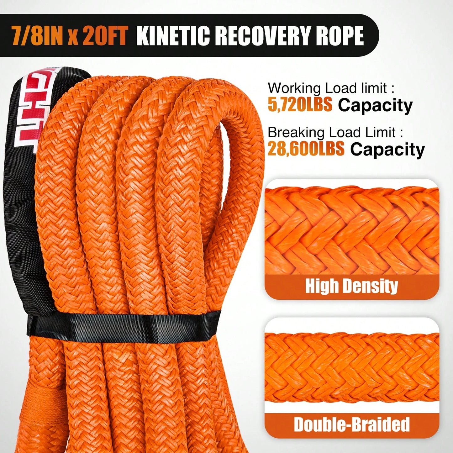 Nilight Kinetic Recovery Rope 28,600LBS 7/8" X 20ft Snatch Strap Heavy Duty Offroad Towing Strap Kit Vehicle Recovery Kit For UTV ATV SUV Truck Car Tractor