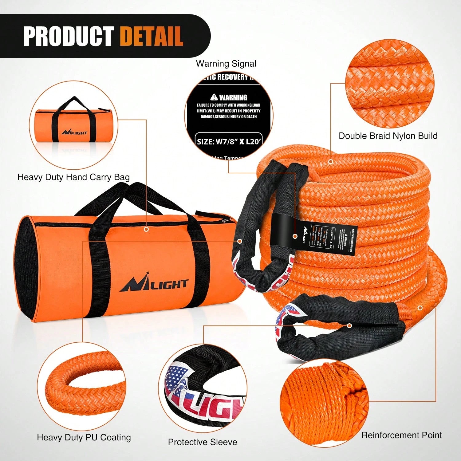 Nilight Kinetic Recovery Rope 28,600LBS 7/8" X 20ft Snatch Strap Heavy Duty Offroad Towing Strap Kit Vehicle Recovery Kit For UTV ATV SUV Truck Car Tractor