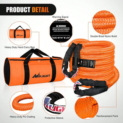 Nilight Kinetic Recovery Rope 28,600LBS 7/8" X 20ft Snatch Strap Heavy Duty Offroad Towing Strap Kit Vehicle Recovery Kit For UTV ATV SUV Truck Car Tractor