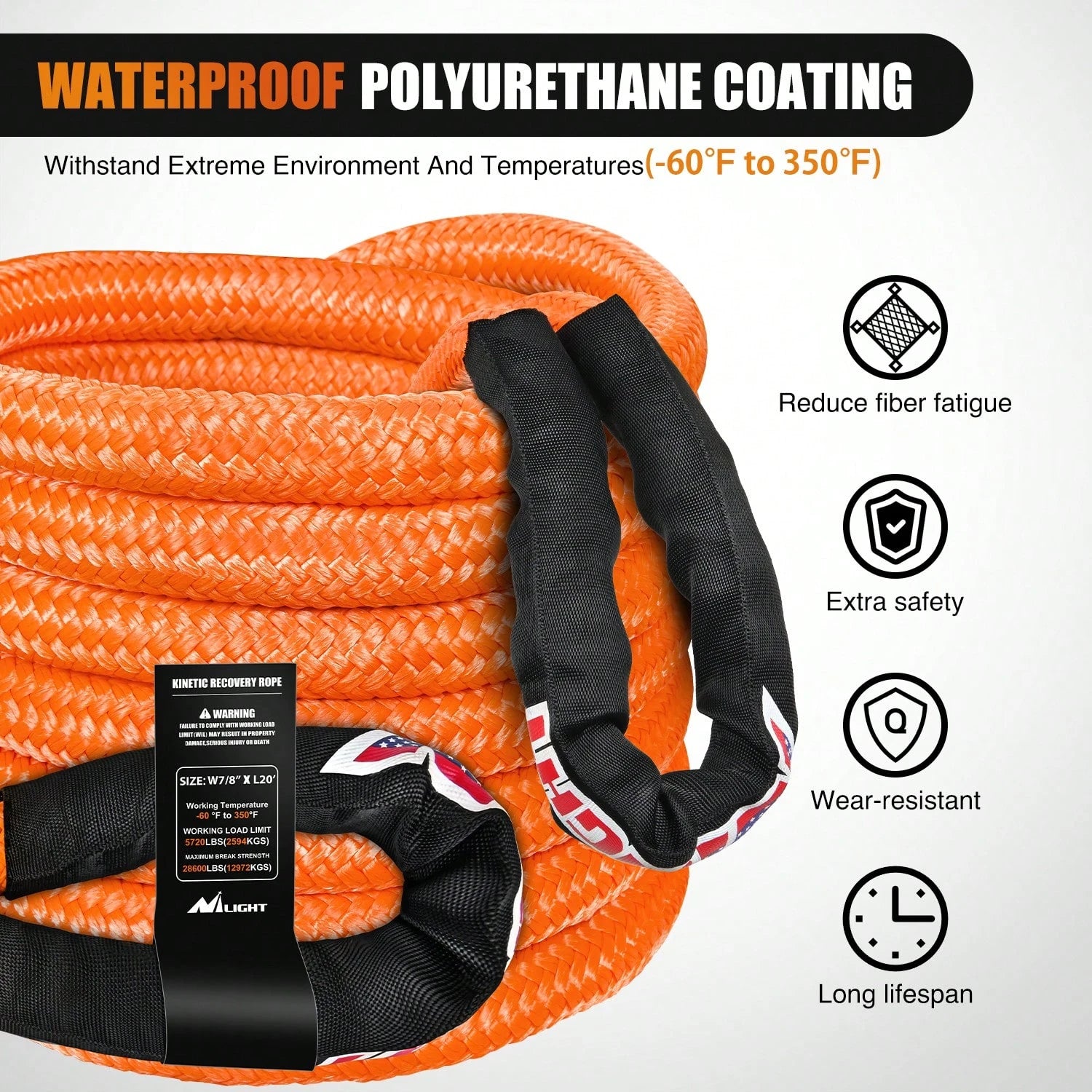 Nilight Kinetic Recovery Rope 28,600LBS 7/8" X 20ft Snatch Strap Heavy Duty Offroad Towing Strap Kit Vehicle Recovery Kit For UTV ATV SUV Truck Car Tractor