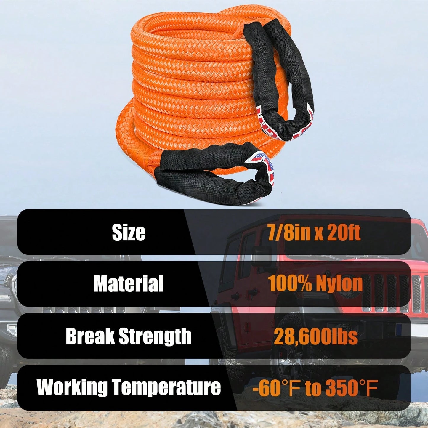 Nilight Kinetic Recovery Rope 28,600LBS 7/8" X 20ft Snatch Strap Heavy Duty Offroad Towing Strap Kit Vehicle Recovery Kit For UTV ATV SUV Truck Car Tractor