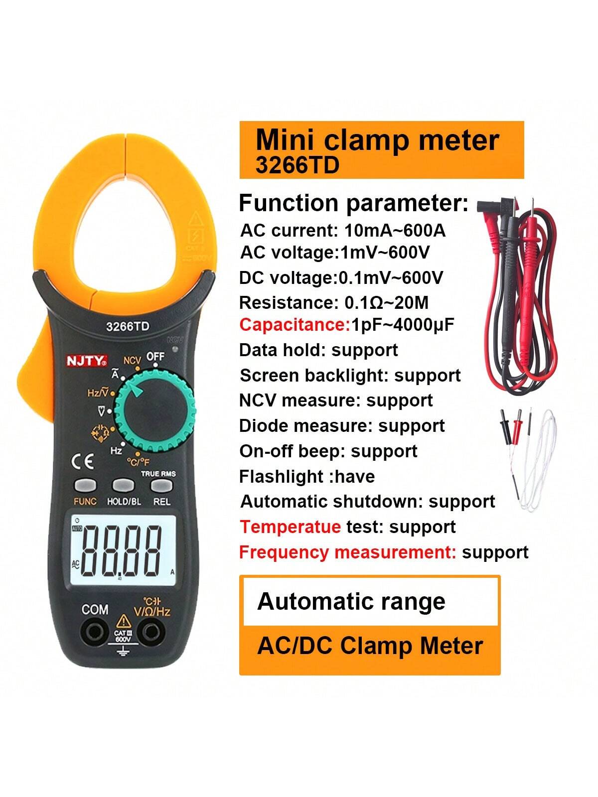 NJTY 3266 Clamp Meter 4000 Counts Auto-Ranging Current Ammeter Hertz Ohm NCV Voltage Capacitance Temperature Multifunction Instrument Multimeter