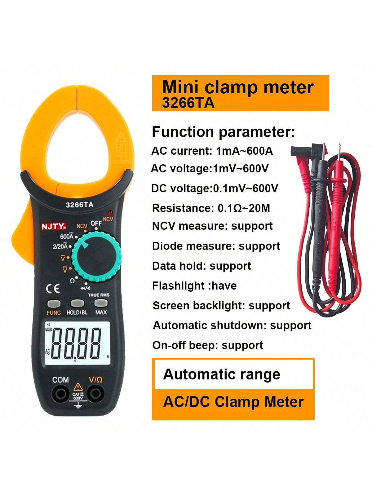 NJTY 3266 Clamp Meter 4000 Counts Auto-Ranging Current Ammeter Hertz Ohm NCV Voltage Capacitance Temperature Multifunction Instrument Multimeter