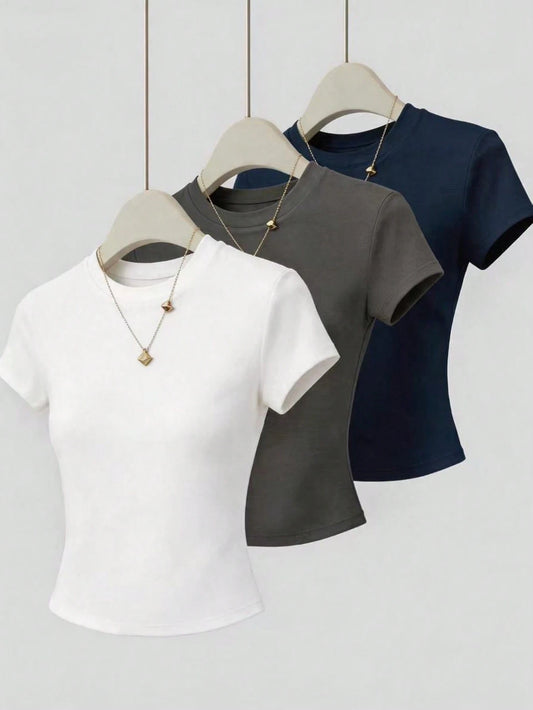 Nooralise Women's Solid Color Round Neck Short Sleeve Casual Versatile T-Shirt Everyday Navy Blue Dark Grey White Summer
