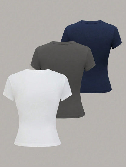 Nooralise Women's Solid Color Round Neck Short Sleeve Casual Versatile T-Shirt Everyday Navy Blue Dark Grey White Summer