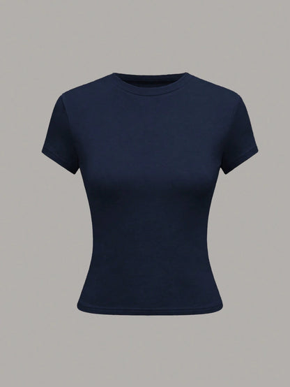 Nooralise Women's Solid Color Round Neck Short Sleeve Casual Versatile T-Shirt Everyday Navy Blue Dark Grey White Summer