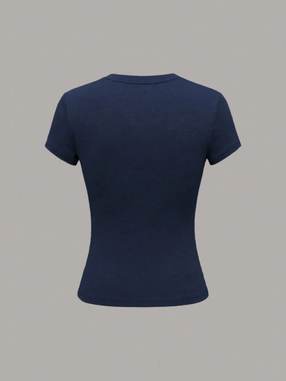 Nooralise Women's Solid Color Round Neck Short Sleeve Casual Versatile T-Shirt Everyday Navy Blue Dark Grey White Summer